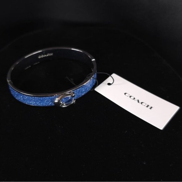 NWT COACH Signature C Logo Hinged Bangle Bracelet Sparkly Blue Enamel & Silver - Picture 3 of 10